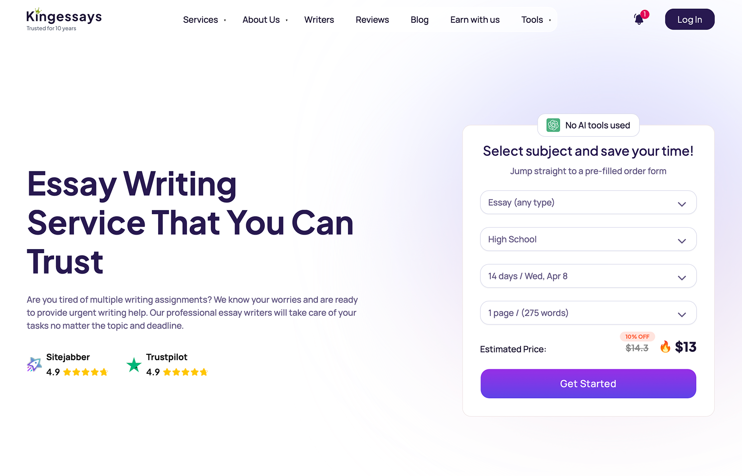 KingEssays homepage screenshot