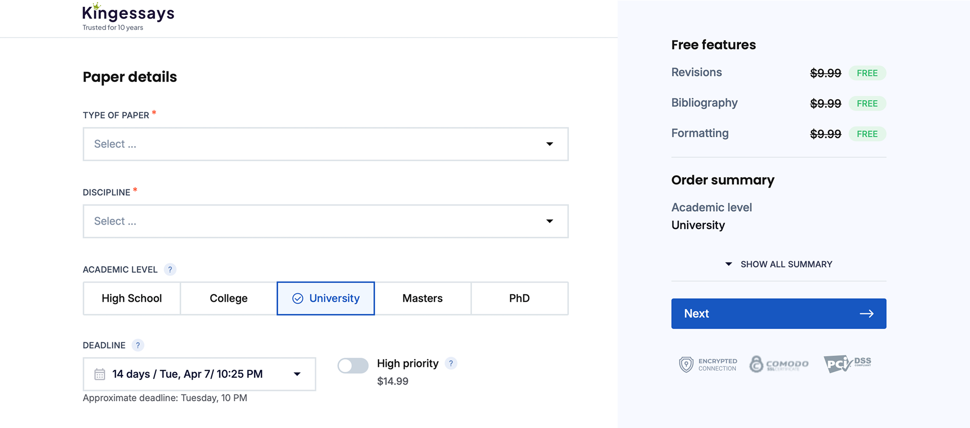 KingEssays order form with academic level and price